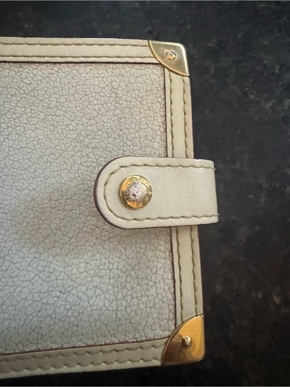 Louis Vuitton Cream Goatskin Leather Bifold Wallet with Gold Accents